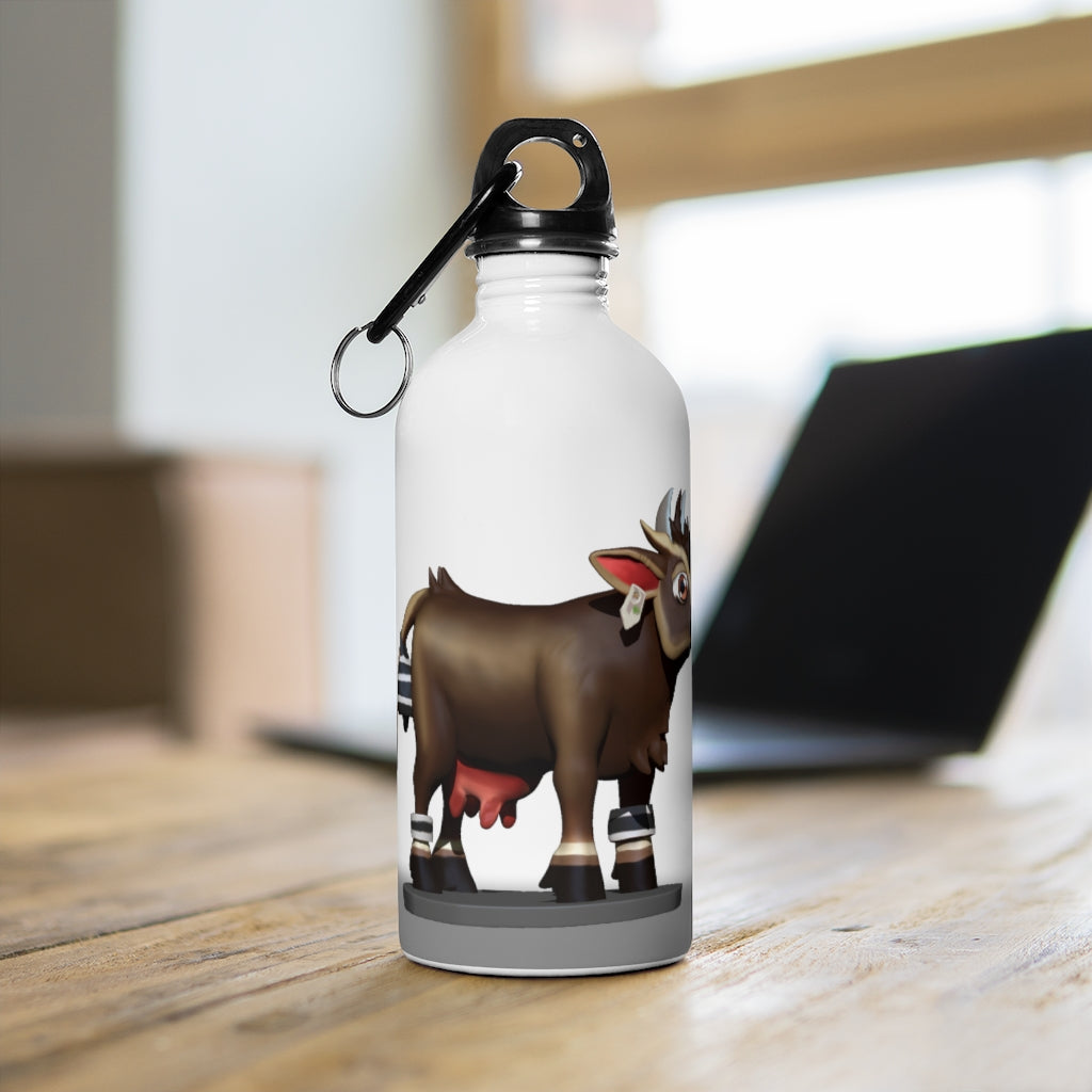 Brown Cow Skin Stainless Steel Water Bottle with a plastic screw top and carabiner, showcasing a stylish cow print design.