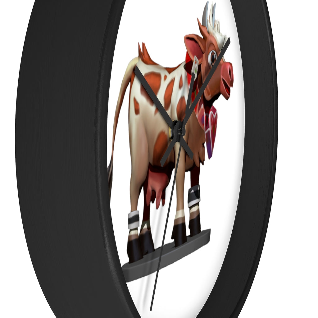 A stylish Brown Cow Wall Clock featuring a wooden frame and plexiglass face, perfect for indoor decor.