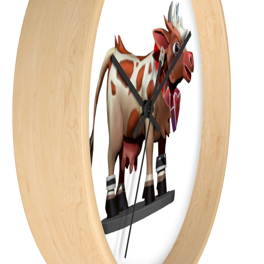 A stylish Brown Cow Wall Clock featuring a wooden frame and plexiglass face, perfect for indoor decor.