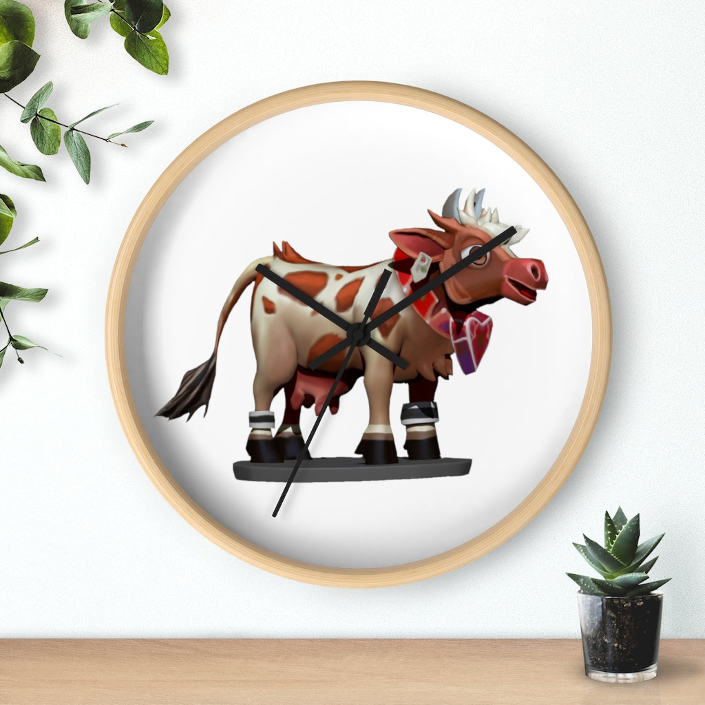 A stylish Brown Cow Wall Clock featuring a wooden frame and plexiglass face, perfect for indoor decor.