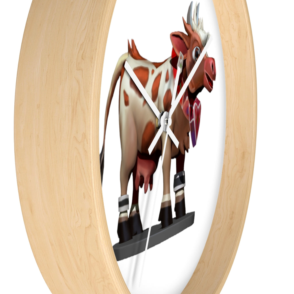 A stylish Brown Cow Wall Clock featuring a wooden frame and plexiglass face, perfect for indoor decor.