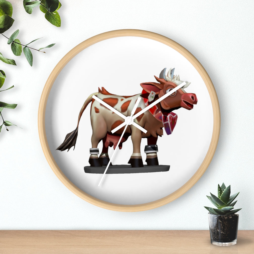 A stylish Brown Cow Wall Clock featuring a wooden frame and plexiglass face, perfect for indoor decor.