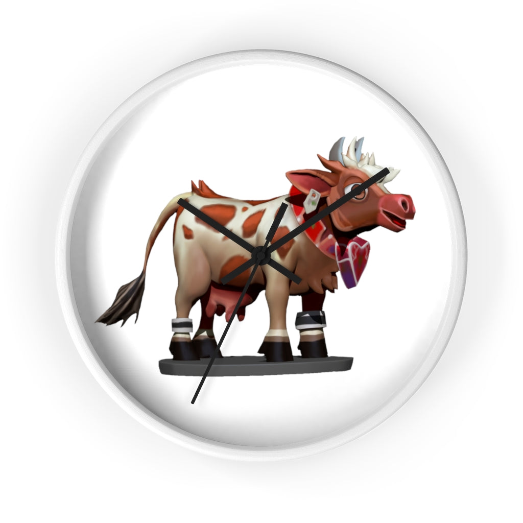 A stylish Brown Cow Wall Clock featuring a wooden frame and plexiglass face, perfect for indoor decor.