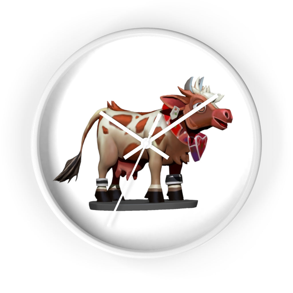 A stylish Brown Cow Wall Clock featuring a wooden frame and plexiglass face, perfect for indoor decor.