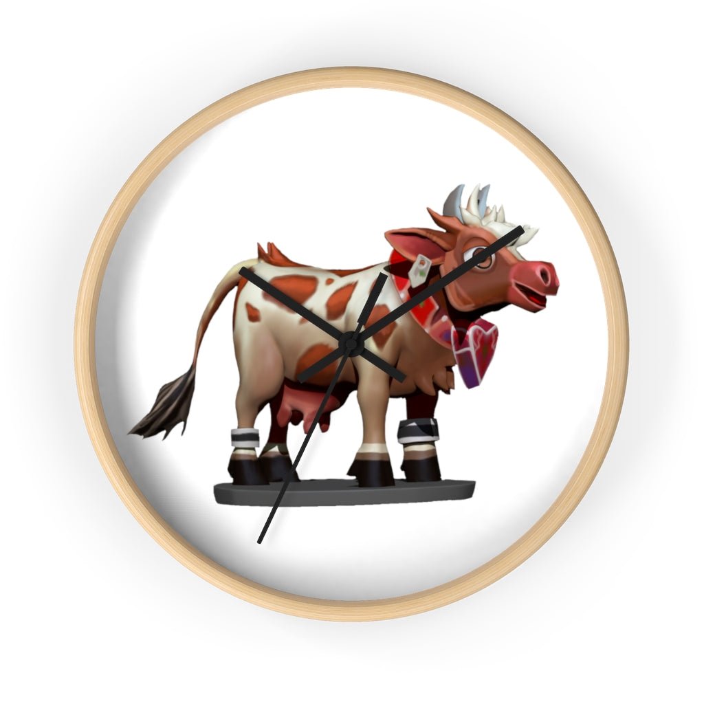 A stylish Brown Cow Wall Clock featuring a wooden frame and plexiglass face, perfect for indoor decor.