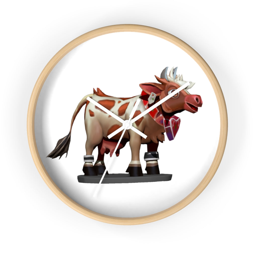 A stylish Brown Cow Wall Clock featuring a wooden frame and plexiglass face, perfect for indoor decor.