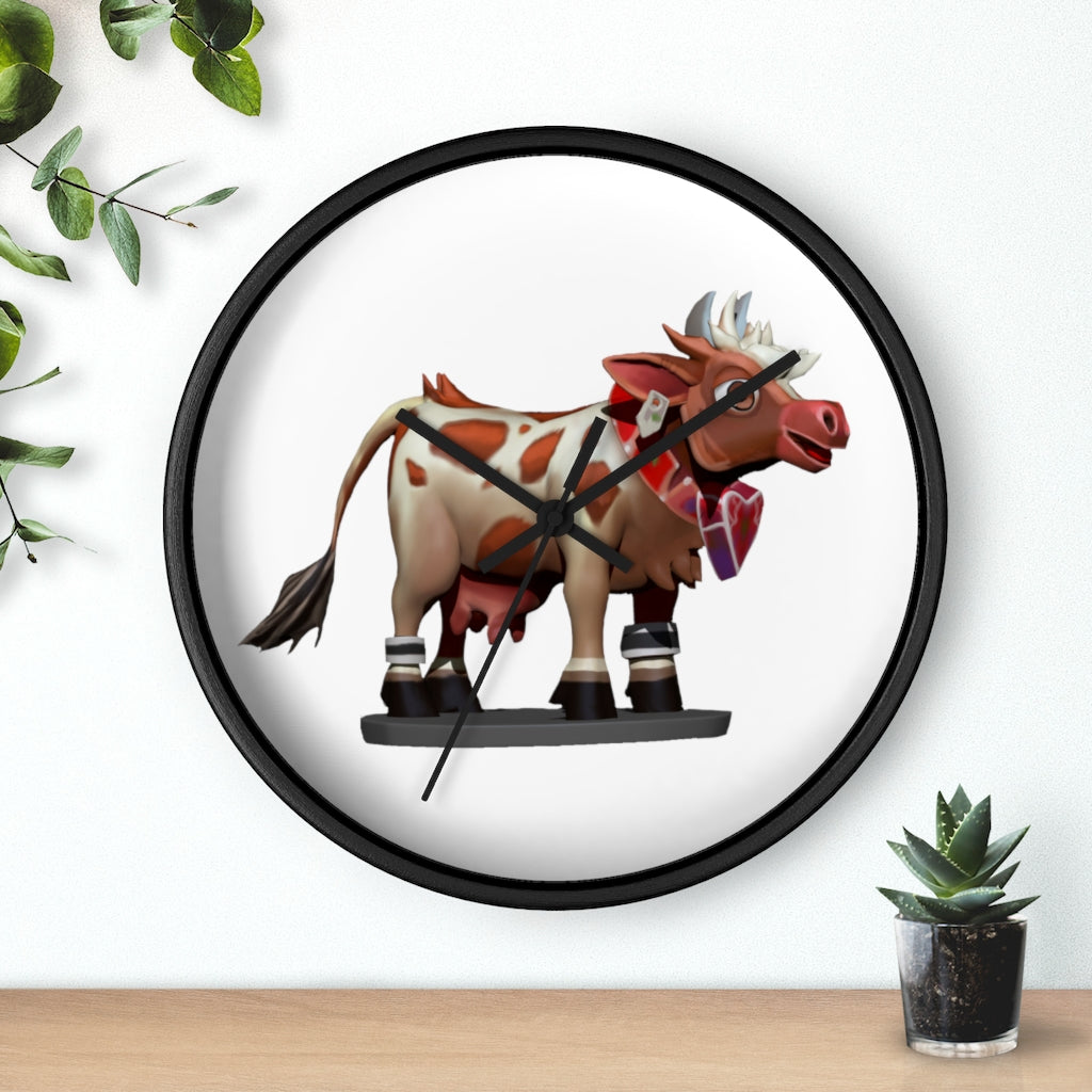 A stylish Brown Cow Wall Clock featuring a wooden frame and plexiglass face, perfect for indoor decor.