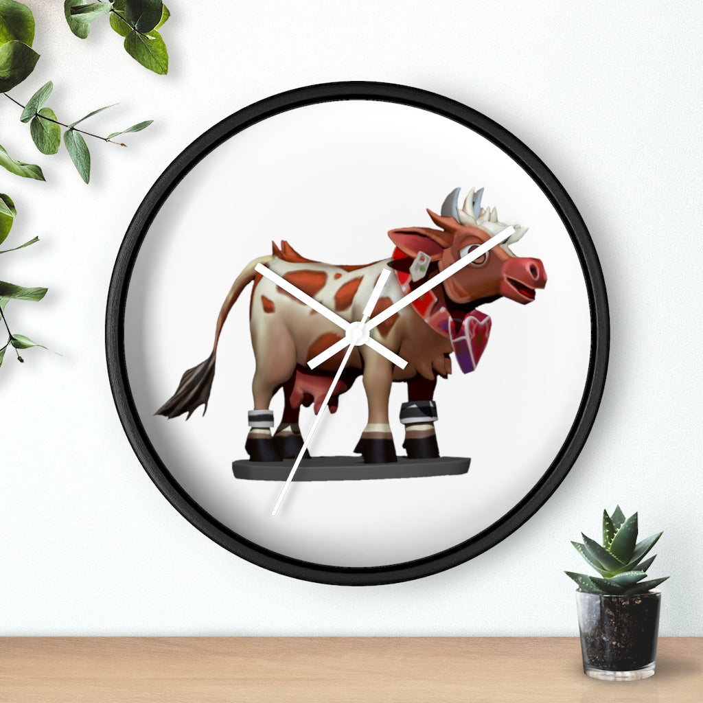 A stylish Brown Cow Wall Clock featuring a wooden frame and plexiglass face, perfect for indoor decor.