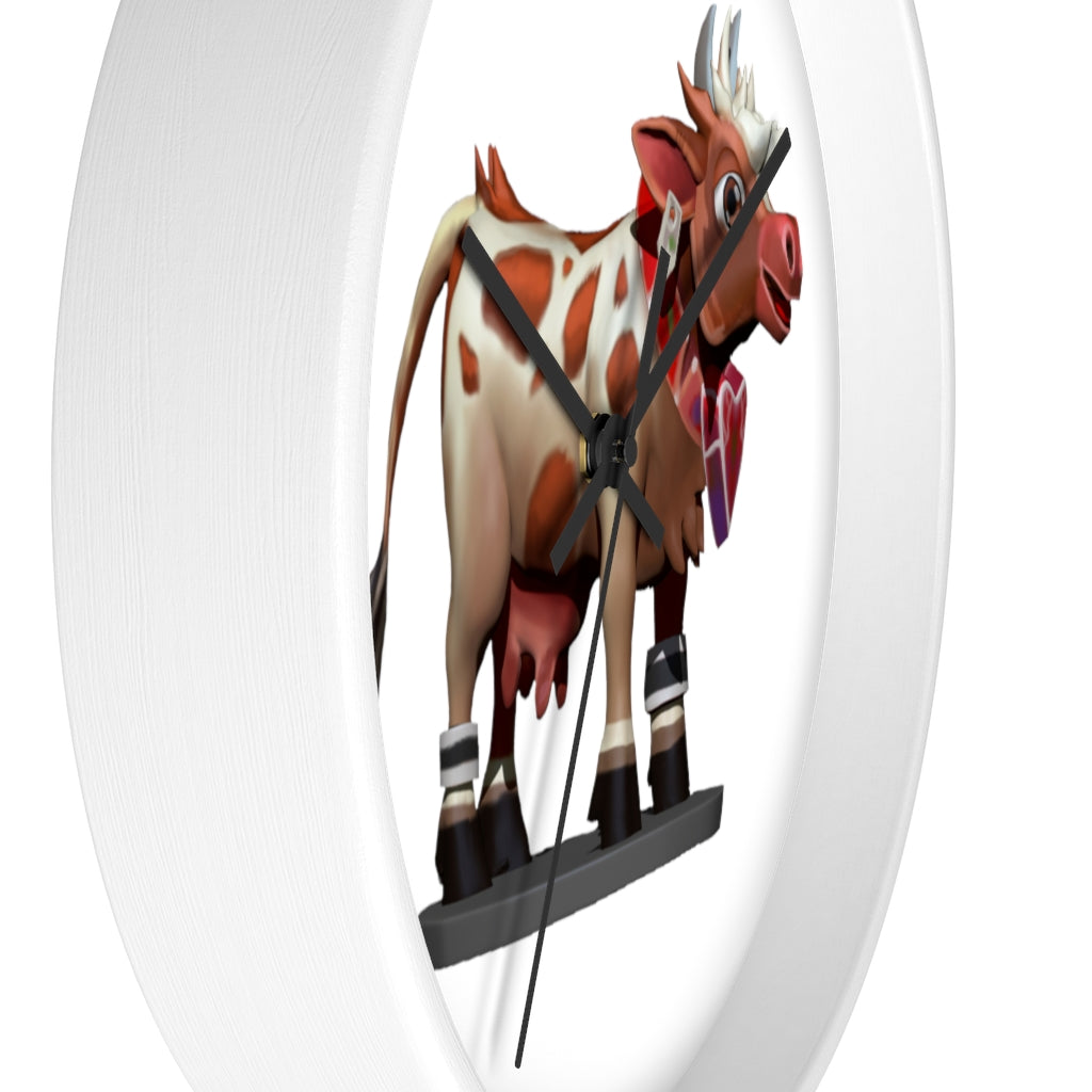 A stylish Brown Cow Wall Clock featuring a wooden frame and plexiglass face, perfect for indoor decor.