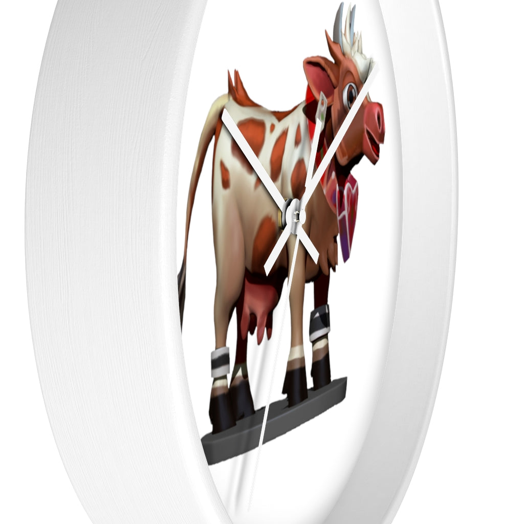 A stylish Brown Cow Wall Clock featuring a wooden frame and plexiglass face, perfect for indoor decor.