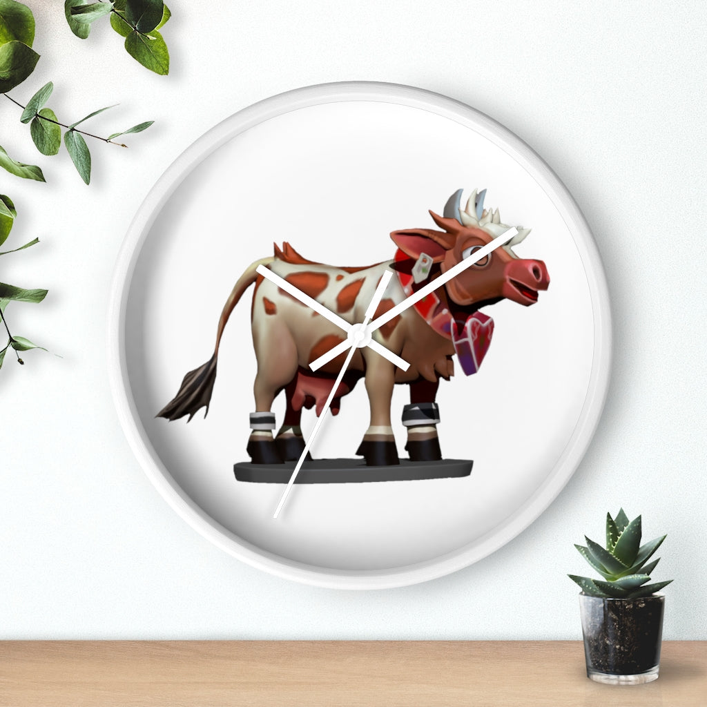 A stylish Brown Cow Wall Clock featuring a wooden frame and plexiglass face, perfect for indoor decor.