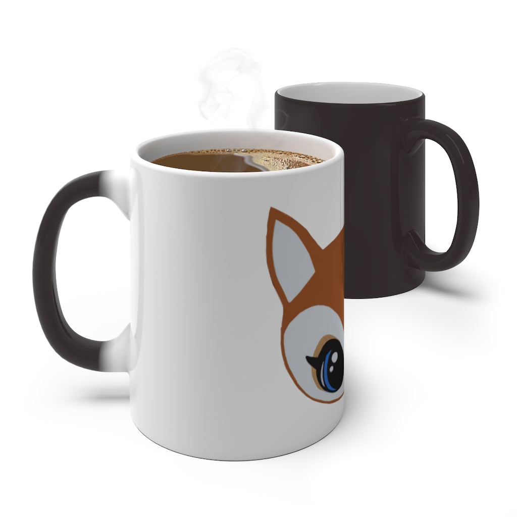 A whimsical brown deer head color changing mug, showcasing its unique design and color transformation when filled with hot liquid.