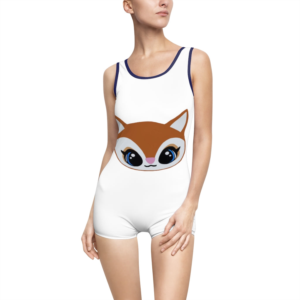 Brown Deer Head Women's Vintage Swimsuit featuring a unique deer head design, deep U-shape neck, and elastic strap edges.