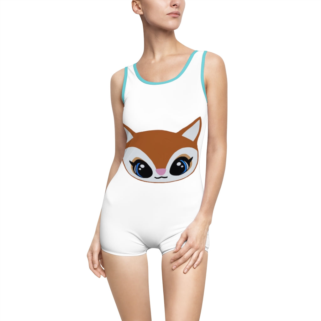 Brown Deer Head Women's Vintage Swimsuit featuring a unique deer head design, deep U-shape neck, and elastic strap edges.