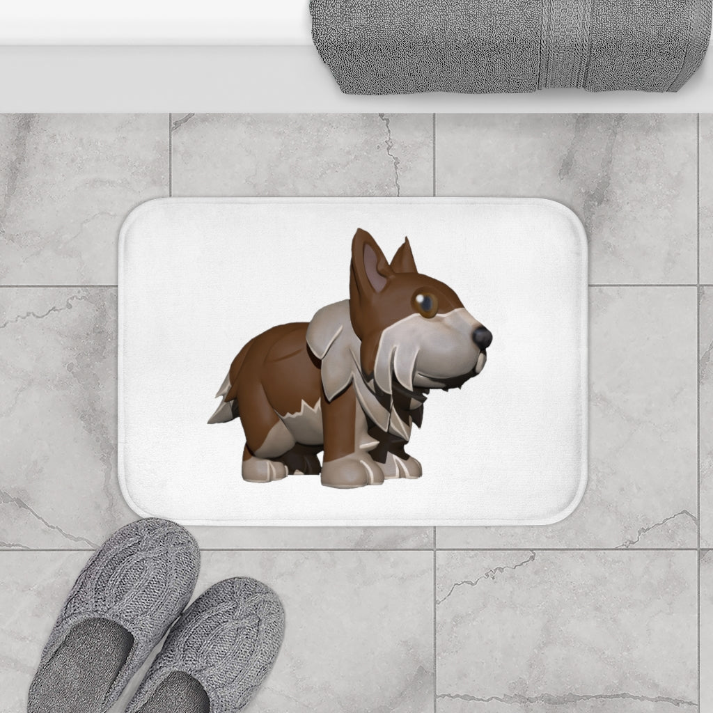 Brown Dog Bath Mat with anti-slip backing, made from soft microfiber, featuring durable edges and available in two sizes.