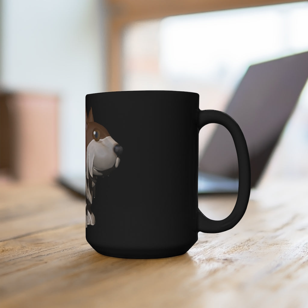 A stylish 15oz black ceramic mug featuring a brown dog design, perfect for coffee and tea lovers.