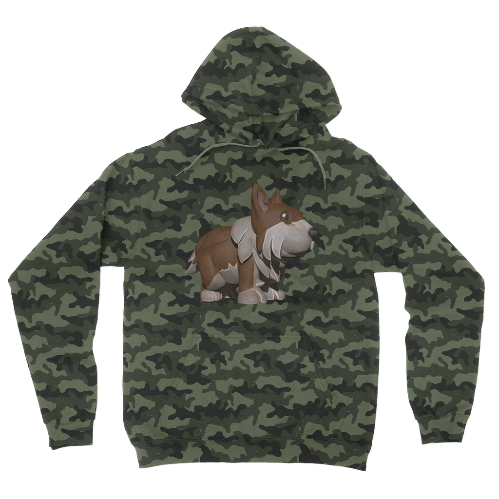 Brown Dog Camouflage Adult Hoodie featuring a classic camo print, kangaroo pouch pocket, and double fabric hood.