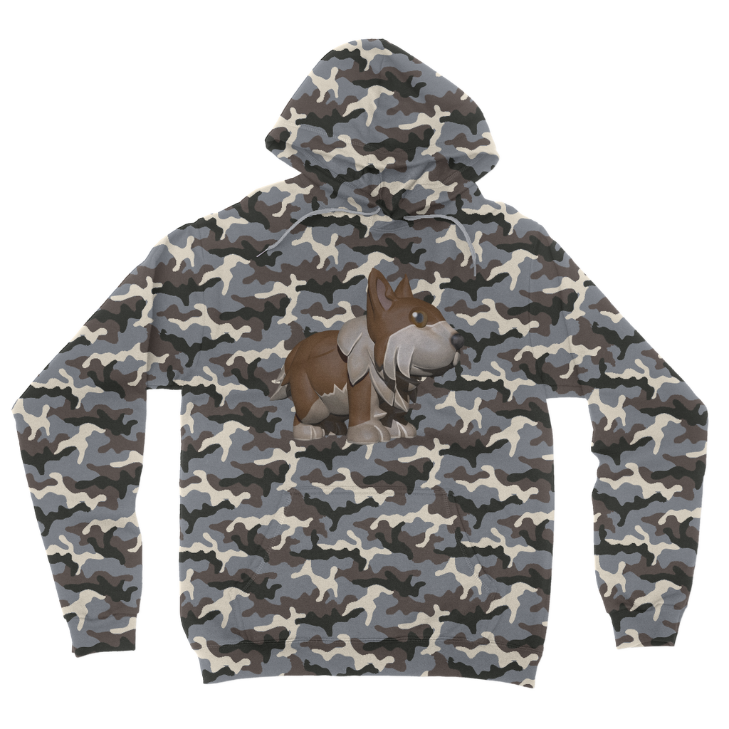 Brown Dog Camouflage Adult Hoodie featuring a classic camo print, kangaroo pouch pocket, and double fabric hood.