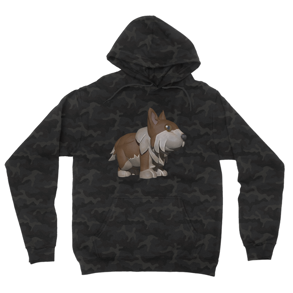 Brown Dog Camouflage Adult Hoodie featuring a classic camo print, kangaroo pouch pocket, and double fabric hood.