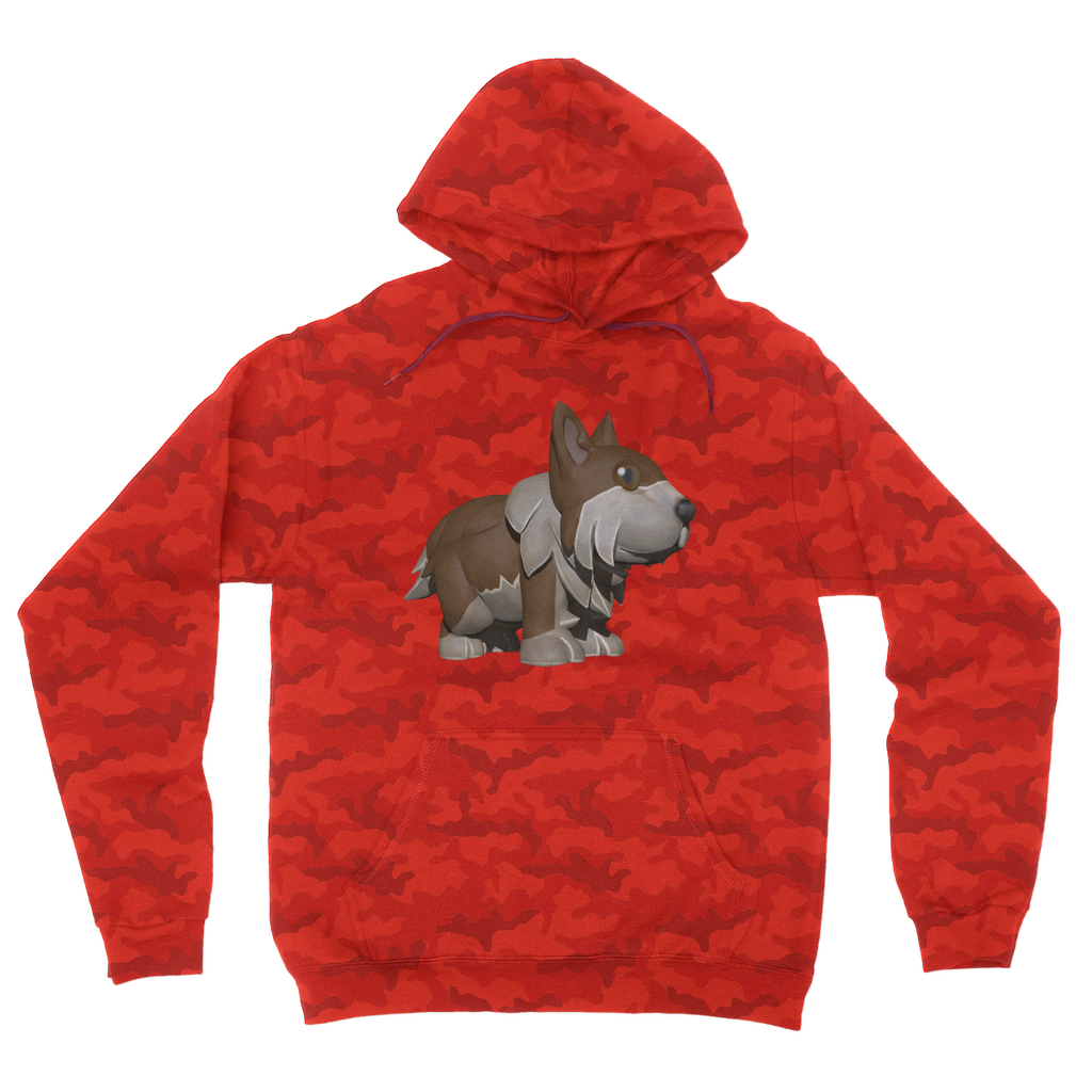 Brown Dog Camouflage Adult Hoodie featuring a classic camo print, kangaroo pouch pocket, and double fabric hood.