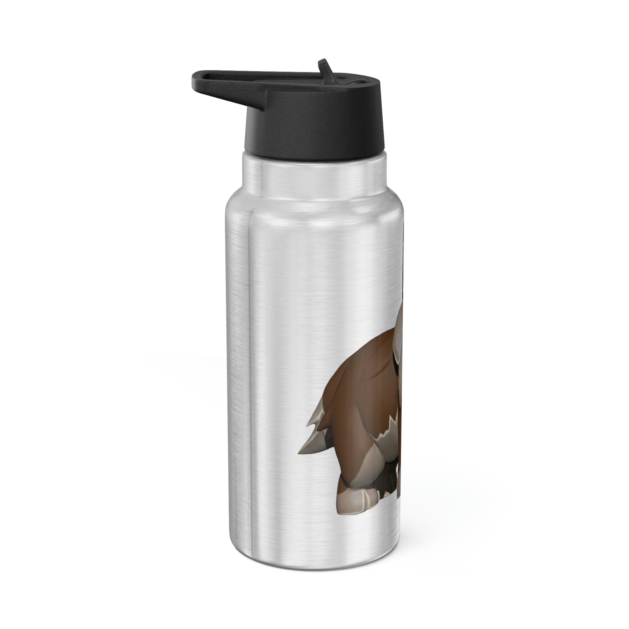 Brown Dog Gator Tumbler, 32oz, stainless steel with a black plastic cap and straw, customizable design.