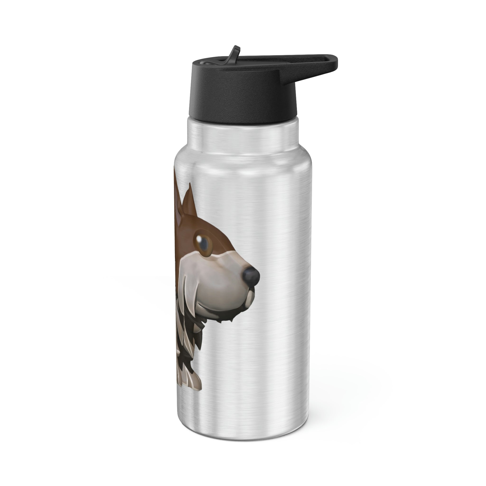 Brown Dog Gator Tumbler, 32oz, stainless steel with a black plastic cap and straw, customizable design.