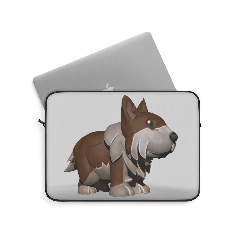 Brown Dog Laptop Sleeve featuring a stylish design, top loading zipper, and black polyester back, available in three sizes.