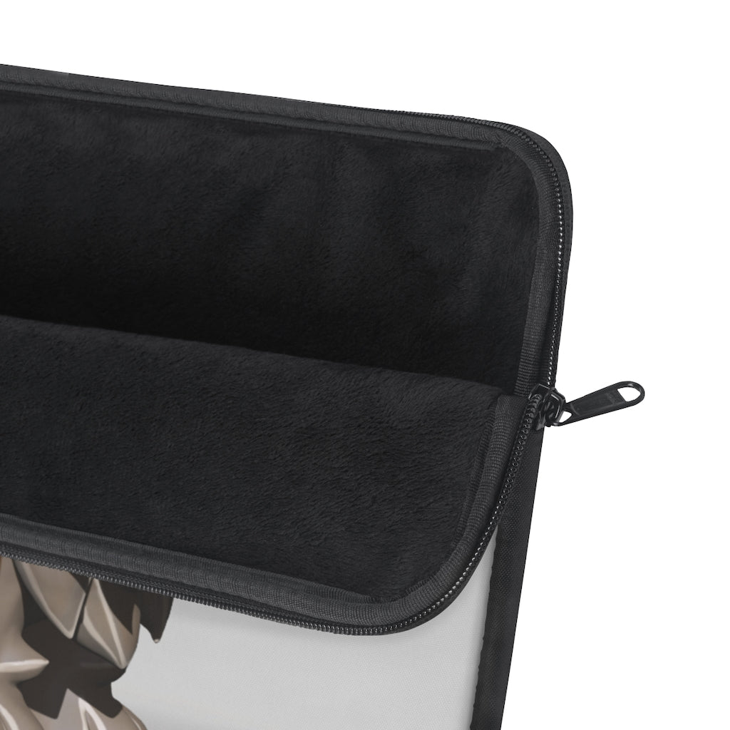 Brown Dog Laptop Sleeve featuring a stylish design, top loading zipper, and black polyester back, available in three sizes.