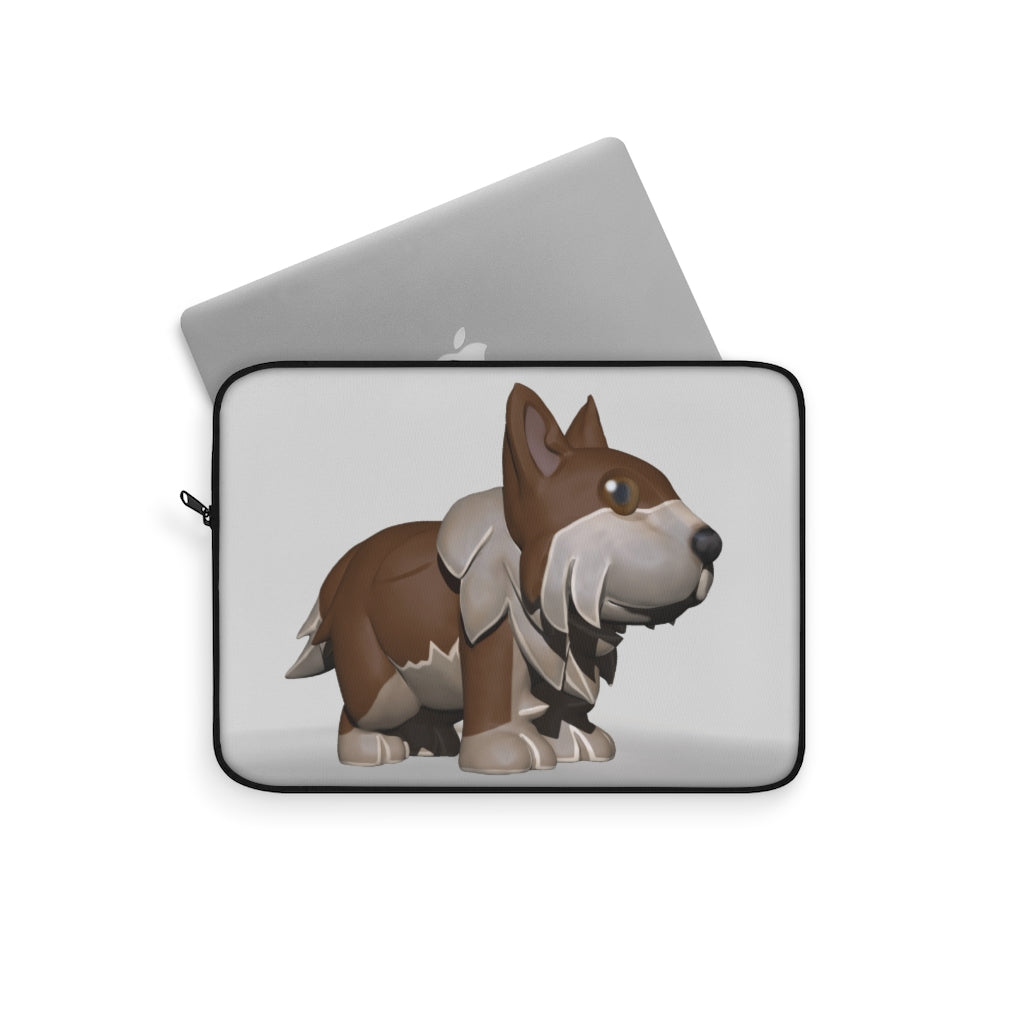 Brown Dog Laptop Sleeve featuring a stylish design, top loading zipper, and black polyester back, available in three sizes.