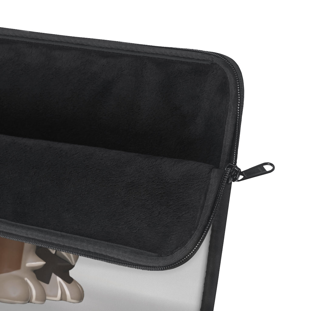 Brown Dog Laptop Sleeve featuring a stylish design, top loading zipper, and black polyester back, available in three sizes.