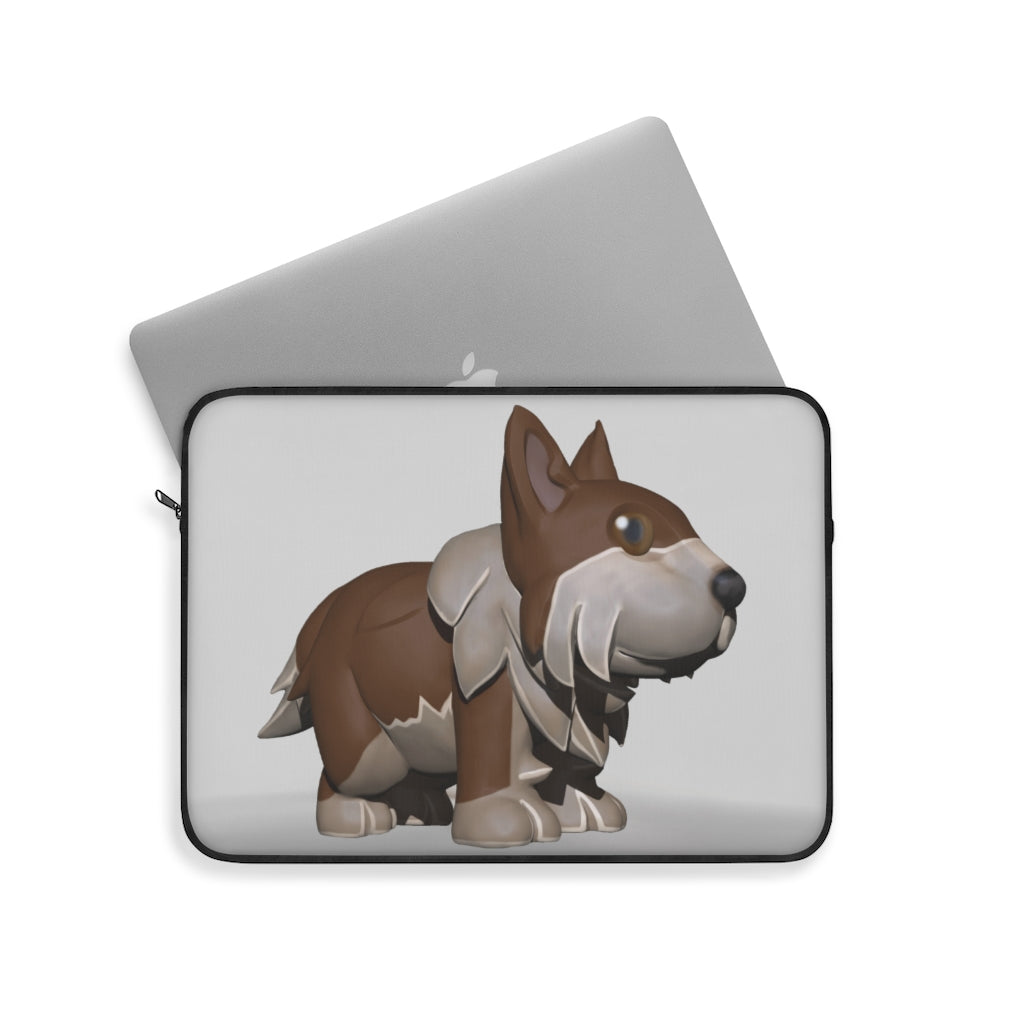 Brown Dog Laptop Sleeve featuring a stylish design, top loading zipper, and black polyester back, available in three sizes.