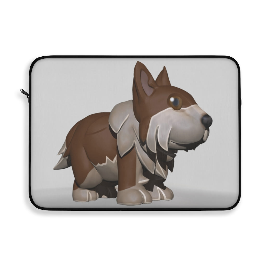 Brown Dog Laptop Sleeve featuring a stylish design, top loading zipper, and black polyester back, available in three sizes.