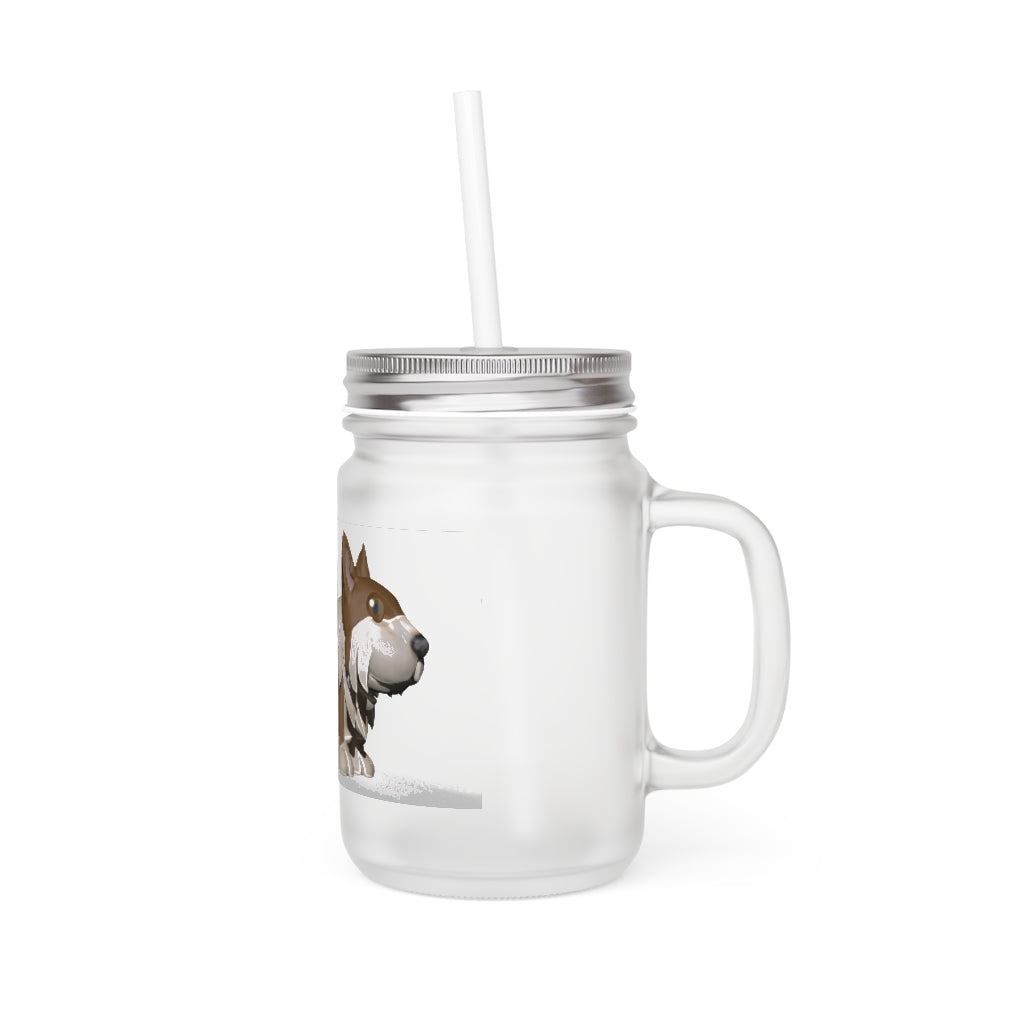 A stylish Brown Dog Mason Jar made of frosted glass, featuring a straw and lid, perfect for personalized drinks.