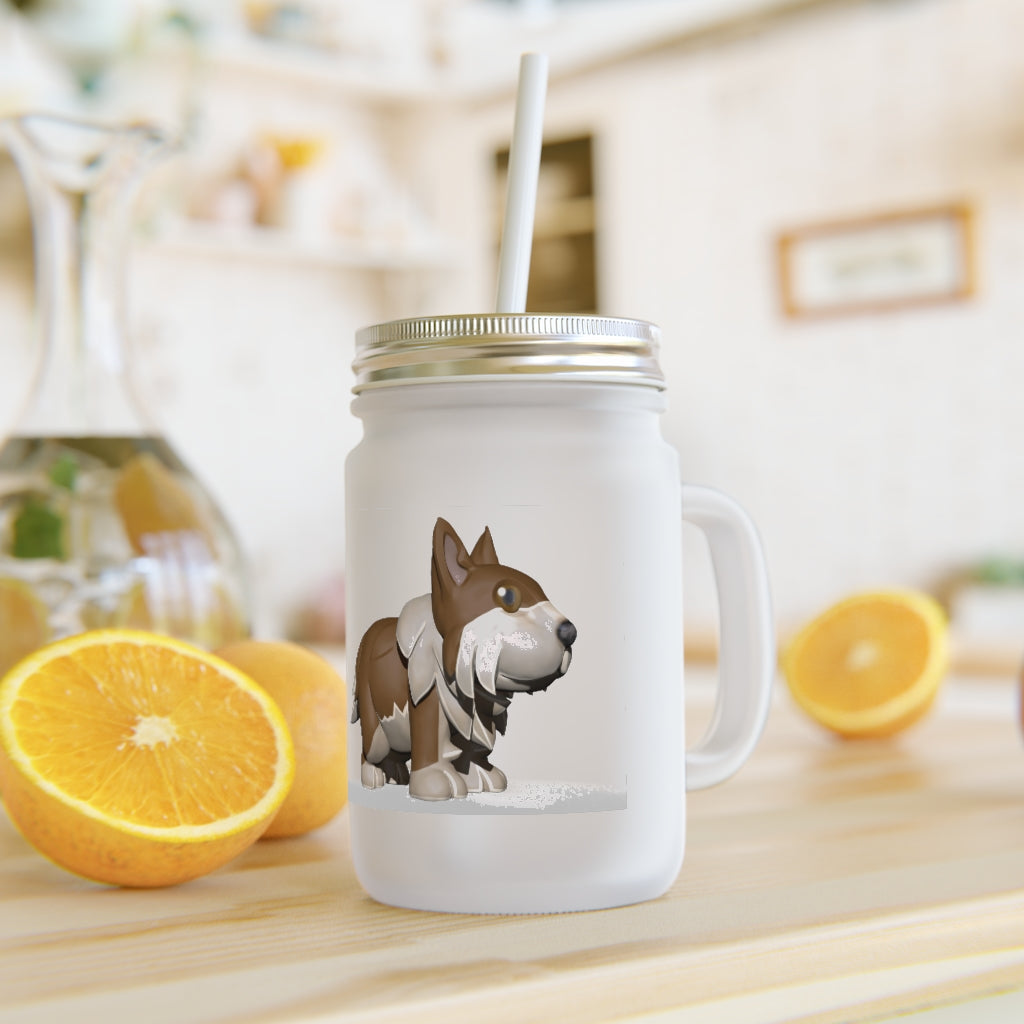 A stylish Brown Dog Mason Jar made of frosted glass, featuring a straw and lid, perfect for personalized drinks.