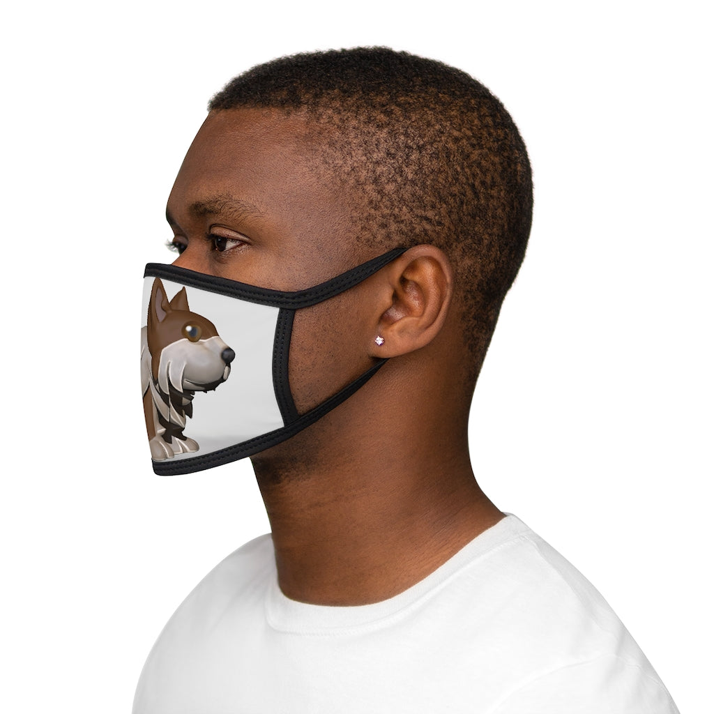 Brown Dog Mixed-Fabric Face Mask featuring a polyester exterior and cotton interior, with a black outer edge and earloops.