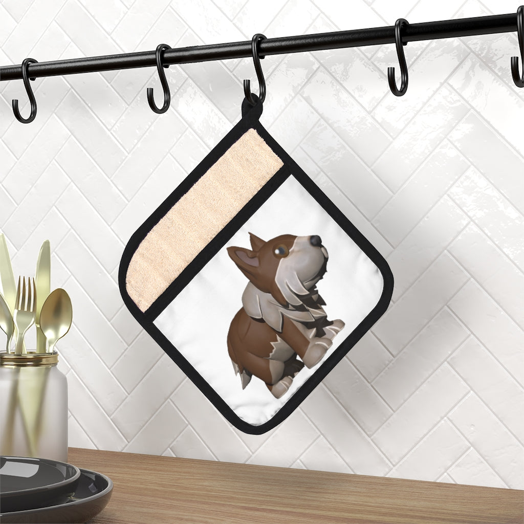 Brown Dog Pot Holder with Pocket, featuring a stylish design and a convenient hanging loop.