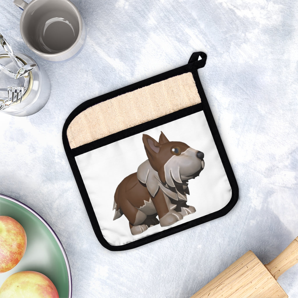 Brown Dog Pot Holder with Pocket, featuring a stylish design and a convenient hanging loop.