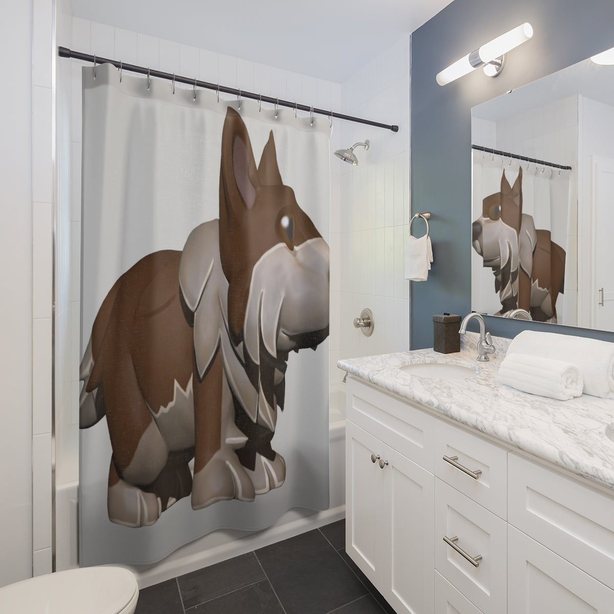 A stylish Brown Dog Shower Curtain featuring vibrant dog designs, made from durable polyester, perfect for enhancing bathroom decor.