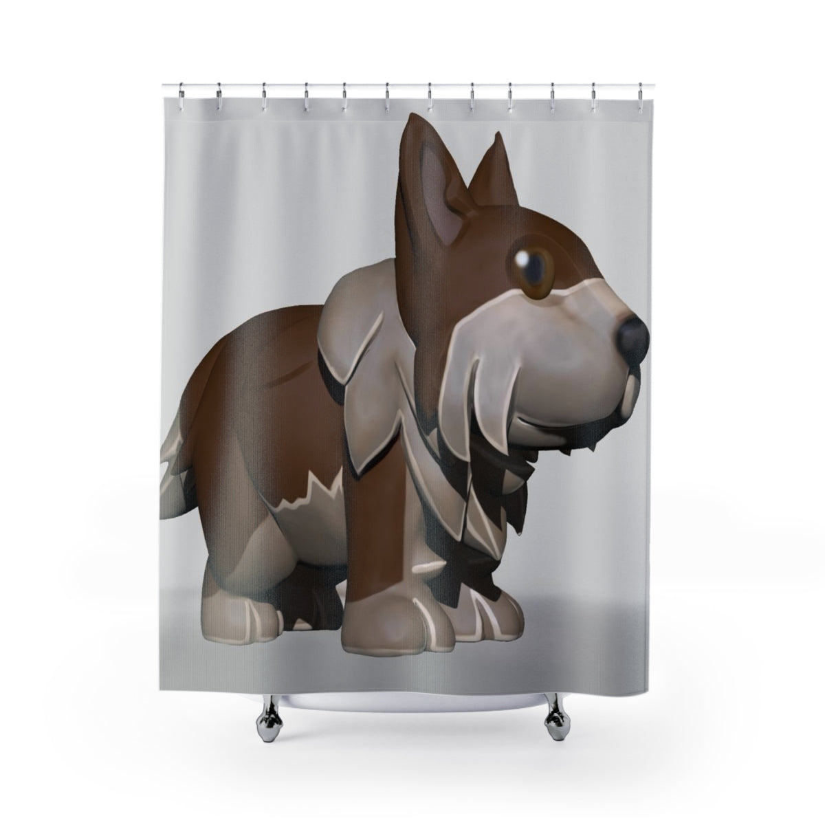 A stylish Brown Dog Shower Curtain featuring vibrant dog designs, made from durable polyester, perfect for enhancing bathroom decor.