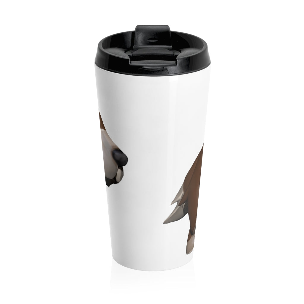 Brown Dog Stainless Steel Travel Mug with black lid and dog graphic design, perfect for coffee and tea lovers.