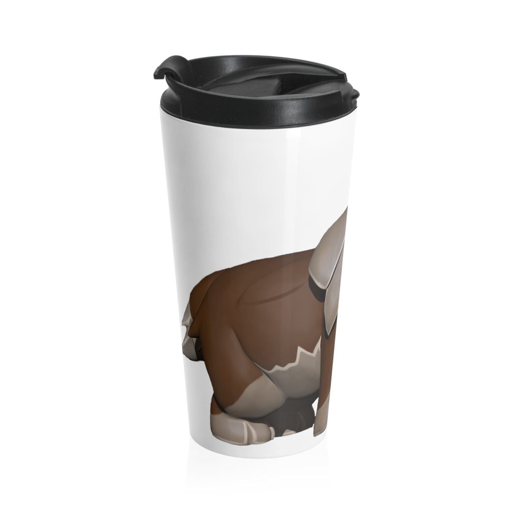 Brown Dog Stainless Steel Travel Mug with black lid and dog graphic design, perfect for coffee and tea lovers.