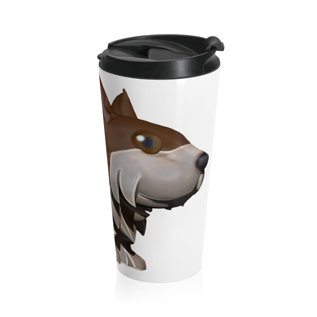 Brown Dog Stainless Steel Travel Mug with black lid and dog graphic design, perfect for coffee and tea lovers.