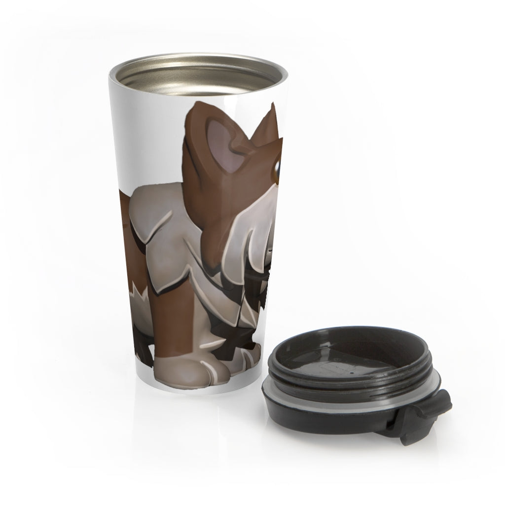 Brown Dog Stainless Steel Travel Mug with black lid and dog graphic design, perfect for coffee and tea lovers.