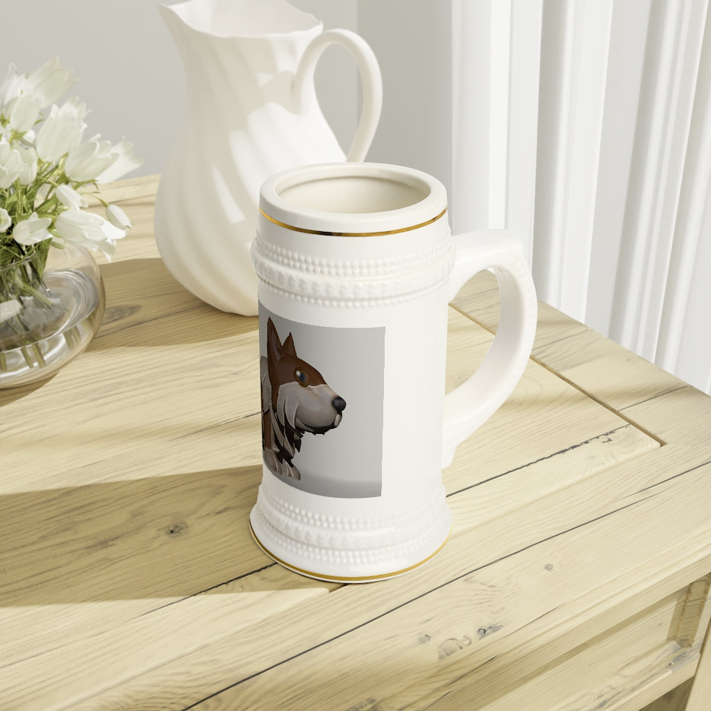 A stylish Brown Dog Stein Mug made of durable white ceramic with ribbed outlines, perfect for custom designs.