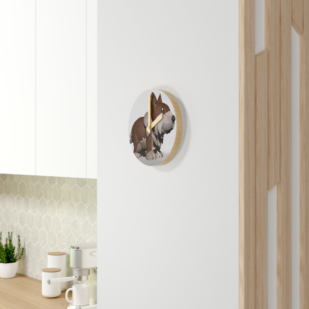 Brown Dog Wooden Wall Clock made from sustainable birch plywood, featuring customizable designs and available in two sizes.