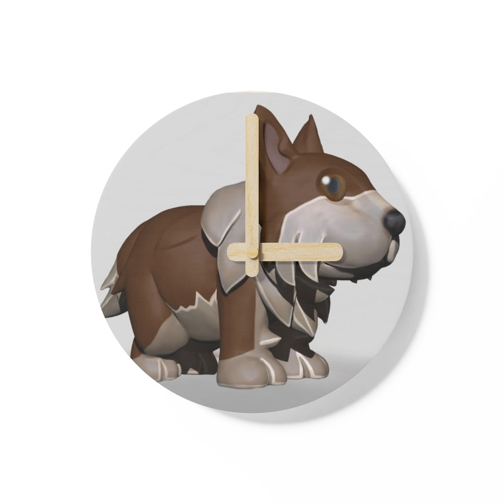 Brown Dog Wooden Wall Clock made from sustainable birch plywood, featuring customizable designs and available in two sizes.