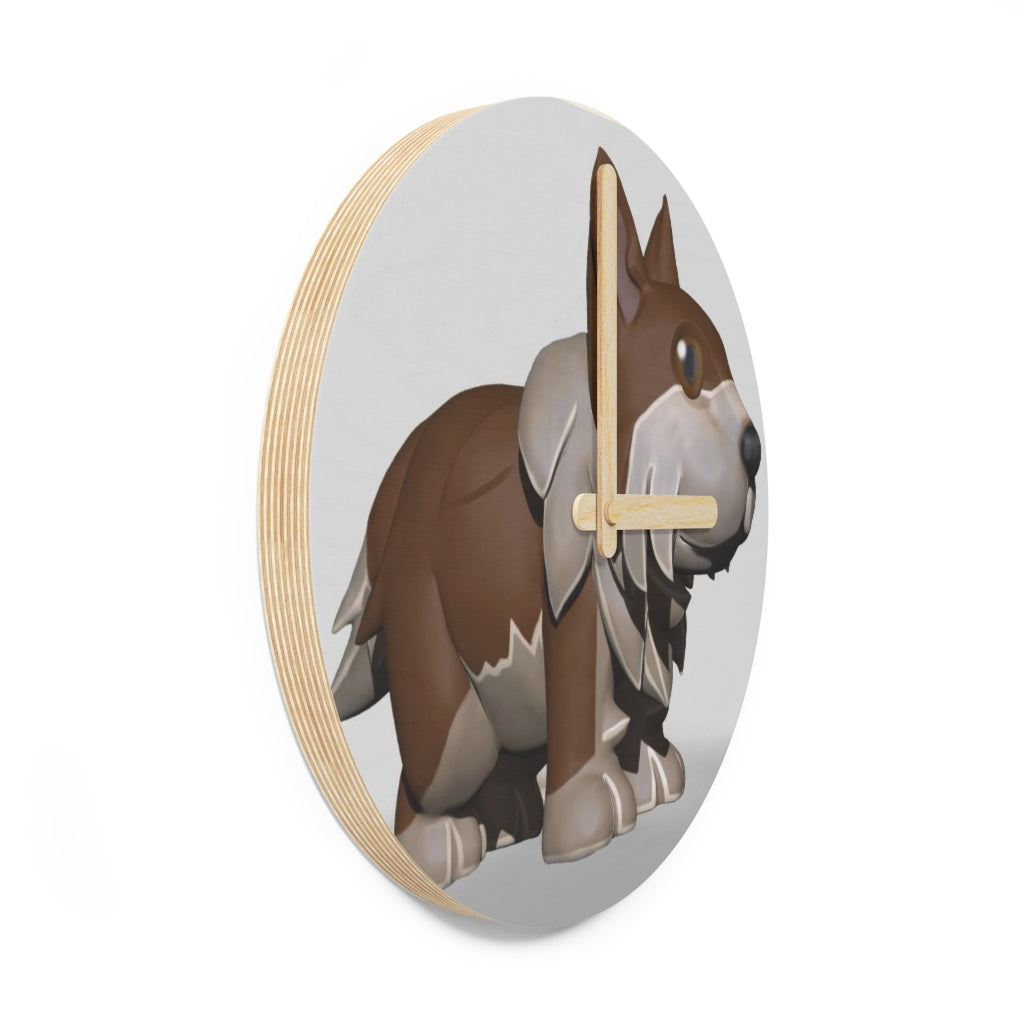 Brown Dog Wooden Wall Clock made from sustainable birch plywood, featuring customizable designs and available in two sizes.