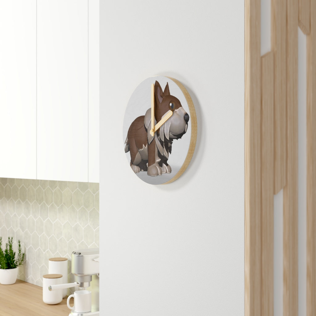 Brown Dog Wooden Wall Clock made from sustainable birch plywood, featuring customizable designs and available in two sizes.