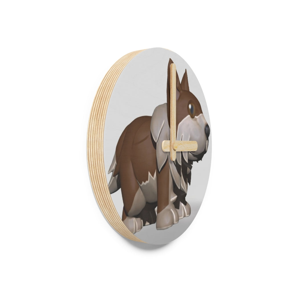 Brown Dog Wooden Wall Clock made from sustainable birch plywood, featuring customizable designs and available in two sizes.