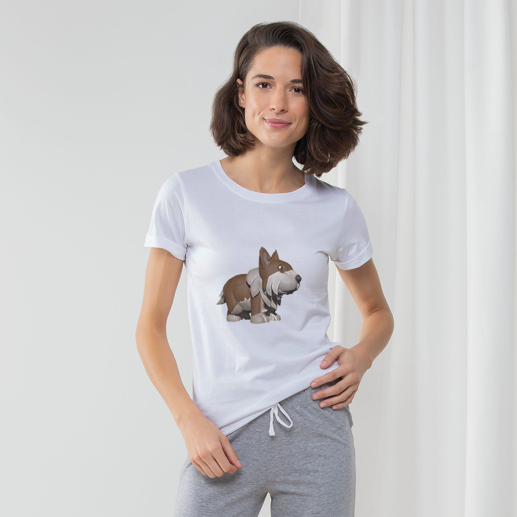 Brown Dog Women's Long Pant Pyjama Set featuring a white t-shirt, striped pants, and matching drawcord bag, perfect for lounging.